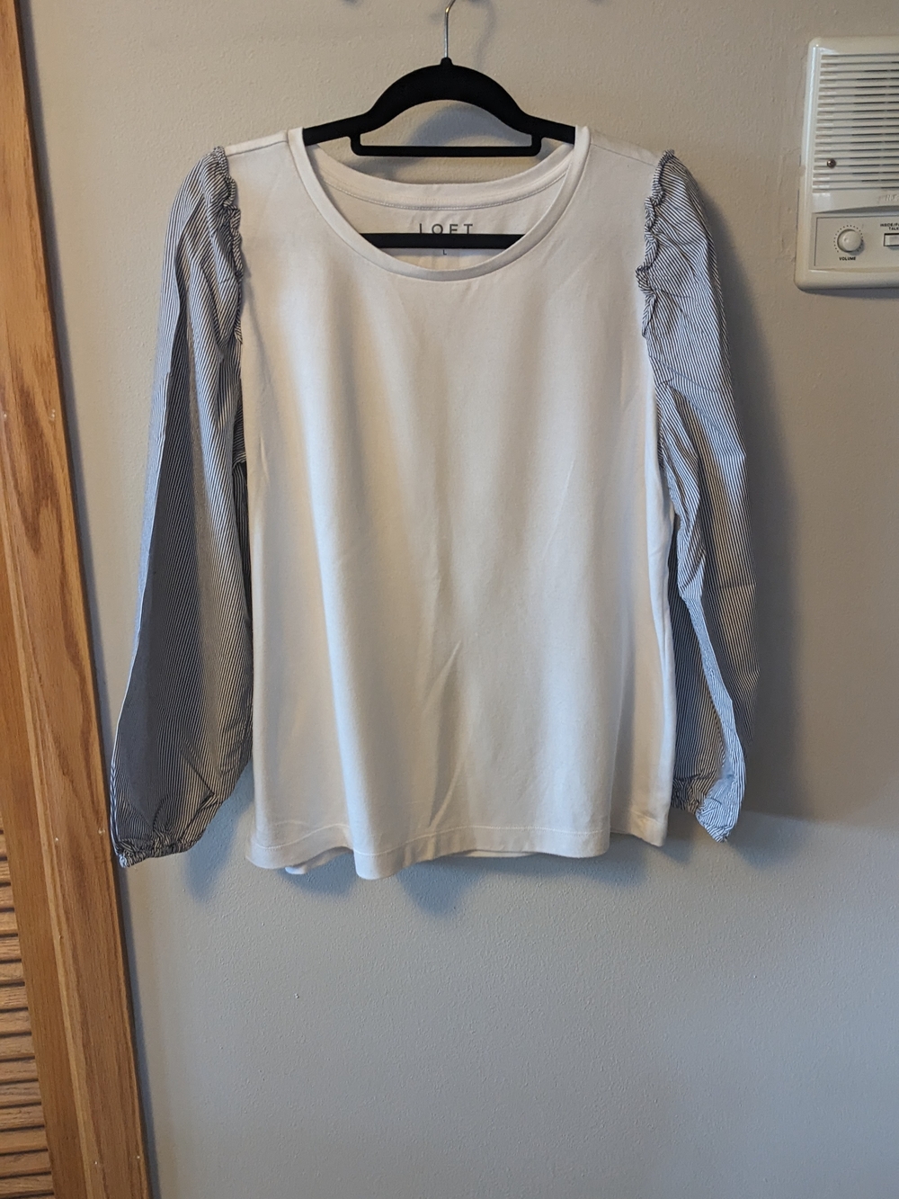 LOFT White Top with Blue Stripe Puff Sleeves